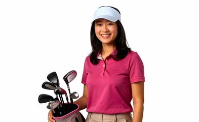 A woman in a pink polo shirt and white visor holds a golf bag with clubs, smiling against a white background.