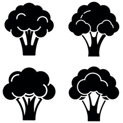 Broccoli Silhouette Four Stylized Broccoli Heads in Black and White Design