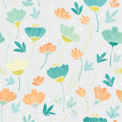 Vector seamless pattern in simple floral wavy and groovy naive style, flowers and plants, floral botanic hand drawn design templates, modern art prints, surface design, holiday and beach theme