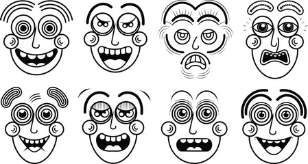 Abstract Cartoon Faces Vector – Quirky Hand-Drawn Emotions Set