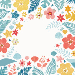 Vector border and frame element, pattern in simple floral wavy and groovy naive style, ocean and vacation theme, flowers and plants, floral botanic hand drawn design templates, modern art