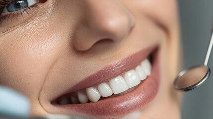 Woman smiles in dentist office while dental instruments are used; close-up shot with a wide-angle perspective