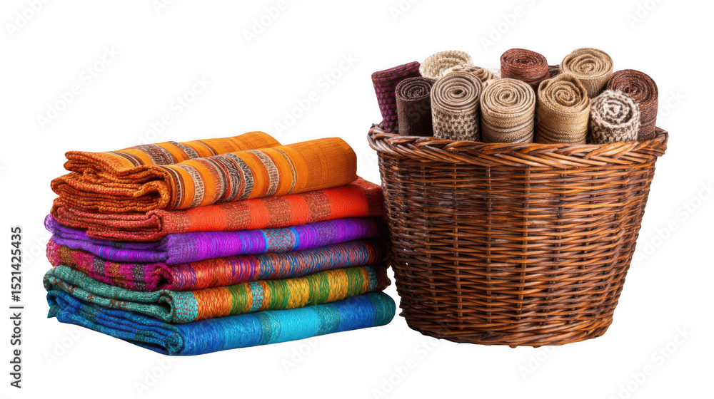 Aufkleber vibrant silk scarves stacked beside a wicker basket overflowing with rolled textiles, creating a str