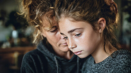 Young girl feeling sad and crying while her mother comforts her in the living room at home during a difficult moment