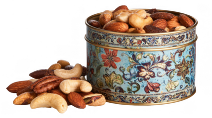 Gourmet spiced nuts, including almonds, cashews, pecans, and other varieties, are presented in a decorative tin with a transparent background, emphasizing the richness and variety of flavors