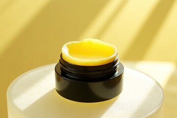 Yellow Moisturizer and Serum Combo on Wooden Surface with Green Background