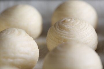 Toasted Mung Bean Cake from the oven. Chinese pastry or moon cake filled with sweet mung bean paste and salted egg yolk. Delicious pastry.