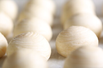 Toasted Mung Bean Cake from the oven. Chinese pastry or moon cake filled with sweet mung bean paste and salted egg yolk. Delicious pastry.