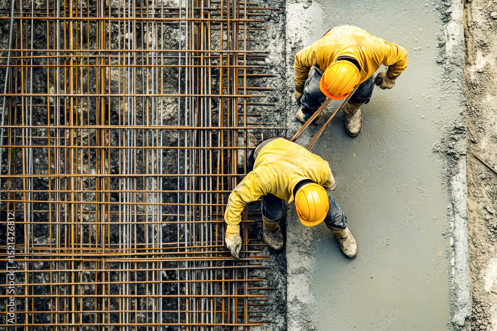 Poster construction workers pouring concrete and installing rebar in vibrant, dynamic environment at a buil