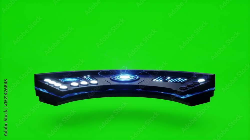 Poster sci-fi weapon with glowing elements floating against green screen. futuristic gadget for video game 