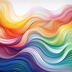Fototapeta premium Zarte Linien und Wellen aus Regenbogenfarben ziehen sich durch einen weißen, minimalistischen Hintergrund.