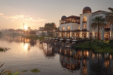 Fototapeta premium Elegant resort building overlooking a tranquil lake at sunrise.