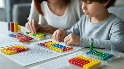 A mother and child engaged in a colorful educational activity with counting beads at home - Powered by Adobe