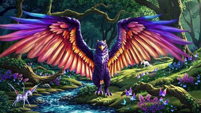 A vibrant fantasy scene with a majestic, colorful bird spreading its wings by a stream. Captured from a low angle, resembling a video game style. Live desktop wallpaper.