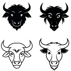Black and White Illustration Four Different Bull and Buffalo Heads Graphics