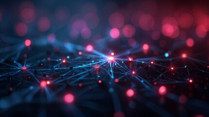 A futuristic close-up image showcasing glowing network nodes connected by neon lines, symbolizing modern digital connectivity. ai generated 
