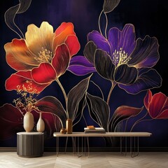 Vibrant floral mural on dark background