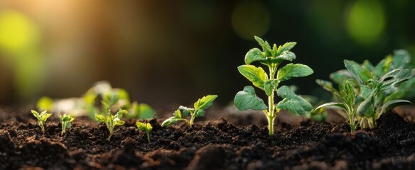 The vibrant growth of seedlings emerging from rich dark soil under sunlight.