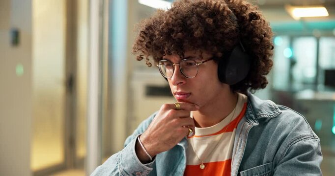 Headphones, music and thinking with man and laptop for audio engineer, song and demo track. Sound producer, record label and beat synth instrumental with person for radio, notes and online release