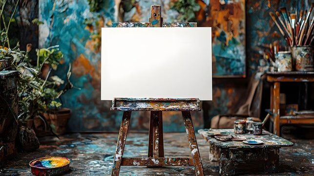 Blank white gift card on an easel in a creative workspace