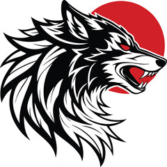 Stylized wolf head design with red circle background