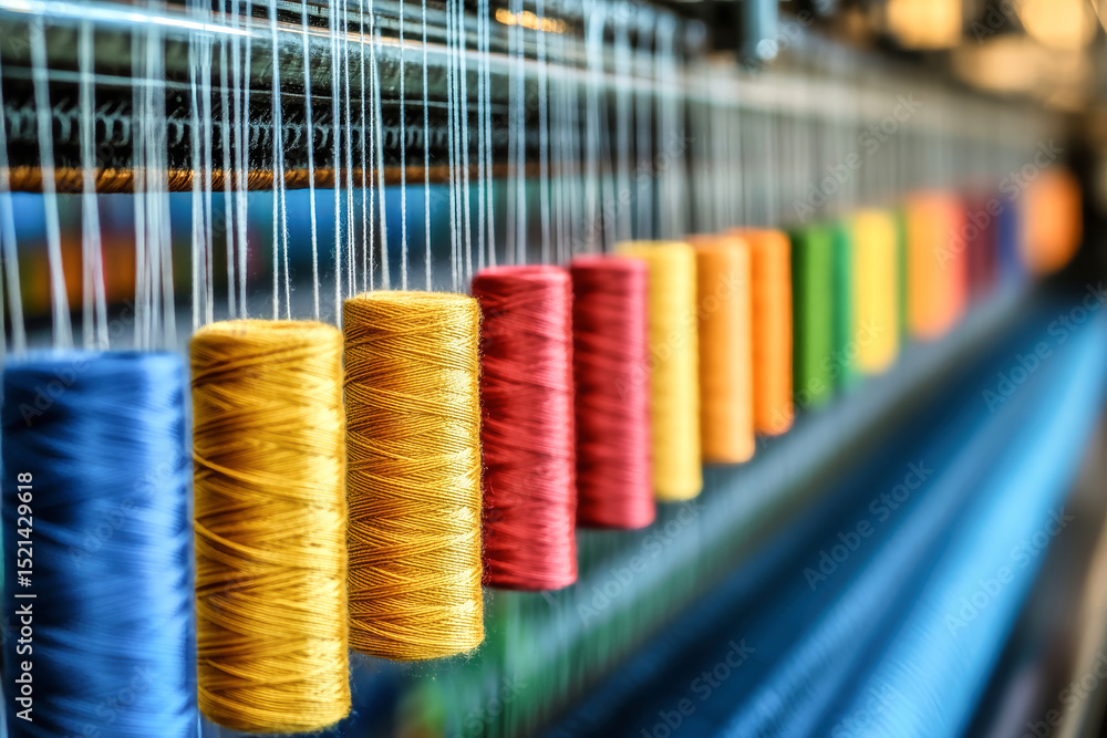 Poster colorful threads on a loom in a textile factory highlight vibrant craftsmanship and intricate weavin