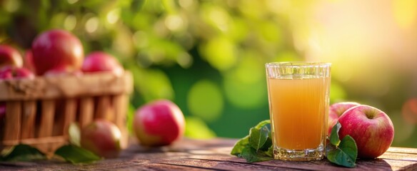 Fototapeta premium The refreshing apple juice surrounded by fresh apples in a sunny orchard setting.