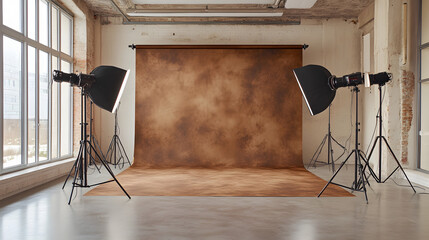 A photo studio with a brown backdrop and lights set up.