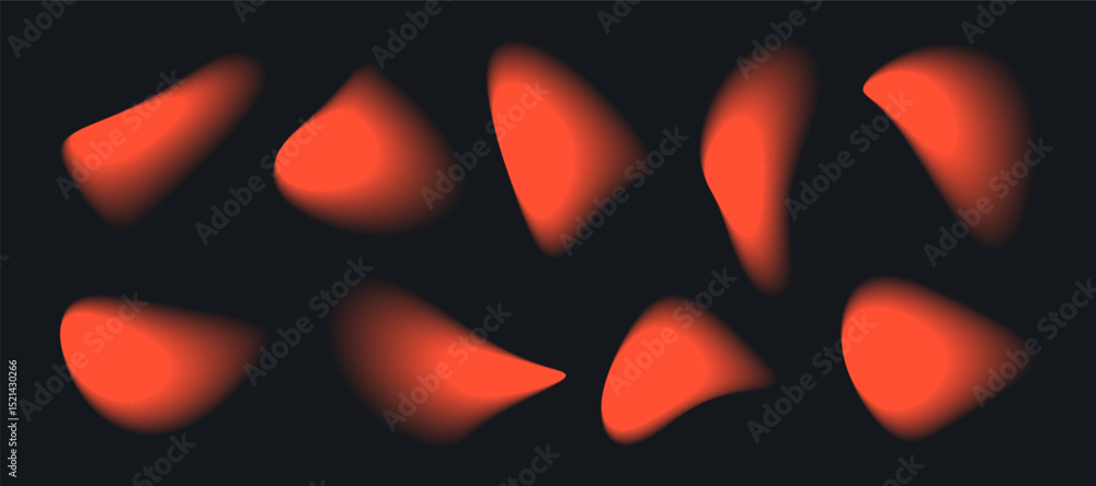 Poster ten blurred orange shapes appear against a black background. the abstract forms resemble droplets or