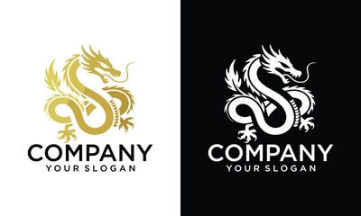 Creative Dragon silhouette, Chinese zodiac, horoscope symbol, icon. gold oriental monster, magic fantasy legend animal shadow profile, side view. Flat graphic vector illustration isolated 