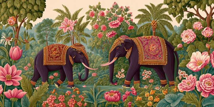Digital Pichwai Style Painting of Elephant Scene with Floral Background Celebrating Indian Culture