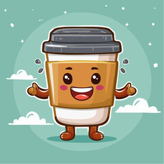 Vector logo design template and graphic elements for advertising, branding, posters and banners, funny cartoon illustrations with smiling character, coffee cup mascot, print and sticker