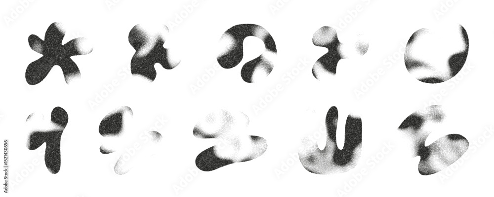 Poster liquid abstract shapes in various organic forms exhibit a blur and noise effect, creating a mesmeriz