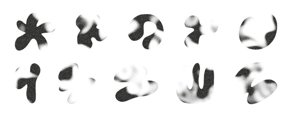 Liquid abstract shapes in various organic forms exhibit a blur and noise effect, creating a mesmerizing arrangement on a monochromatic background that invites viewer interpretation.