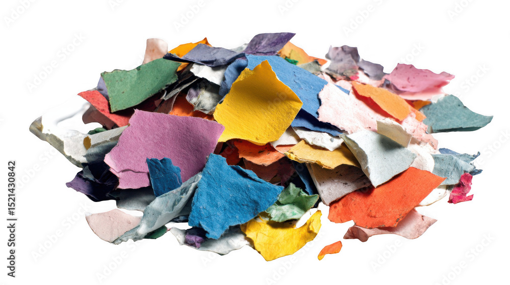 Poster pile of colorful scrap paper remnants is scattered, creating an abstract composition with a transpar