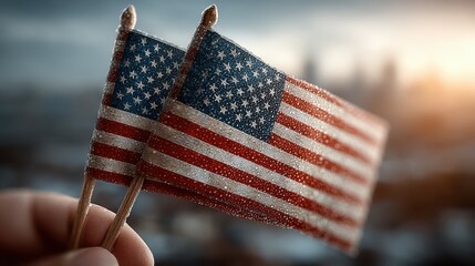 Two small American flags held together against a blurred city background at sunset, showcasing patriotic spirit