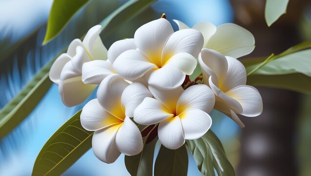 Closeup image of tiare flowers at green outdoors background 
