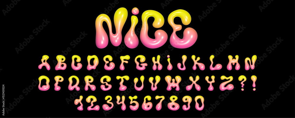 Poster colorful wavy 3d font with liquid letters and numbers creates a vibrant display suitable for modern 