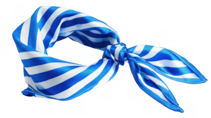 Blue and white striped bandana knotted, creating a stylish accessory on a transparent background, perfect for fashion, design, or thematic projects