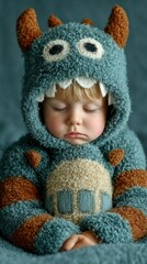 Young child in cozy monster hoodie resting peacefully against blue backdrop during winter afternoon