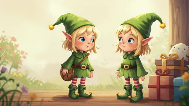 Two cute cartoon elves in green outfits stand next to gifts