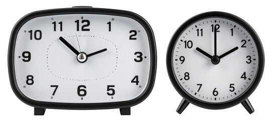 group of table analog clock in rounded shape with black frame isolated on white