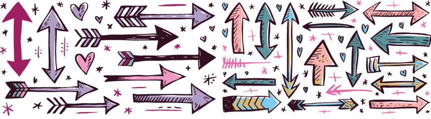 Set of cute and colorful arrows in a fun, cartoon groovy style. Includes a variety of curvy, wavy, twisted, and uniquely shaped vector arrows perfect for creative designs, playful love,star, and arrow