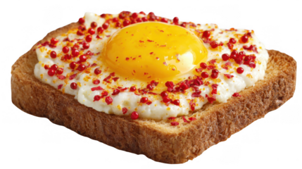 Toast features a vibrant yellow egg yolk surrounded by creamy white and sprinkled with red flakes, set against a transparent background, creating a visually appealing breakfast scene