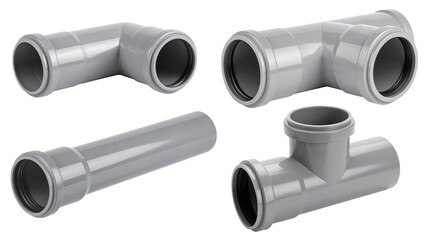 set of grey pipe or plumbing joints in four shapes isolated on white
