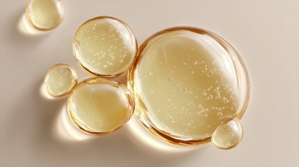 Transparent cream oil drops floating mid-air against white background in close-up high-angle view with soft lighting, clean beige tones and delicate texture for skincare and cosmetic concepts