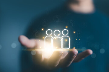 HR, human resource managers select employees using computer digital technology. concept of hiring, recruiting staff, and training in a company. leadership, executive, and employer of business 