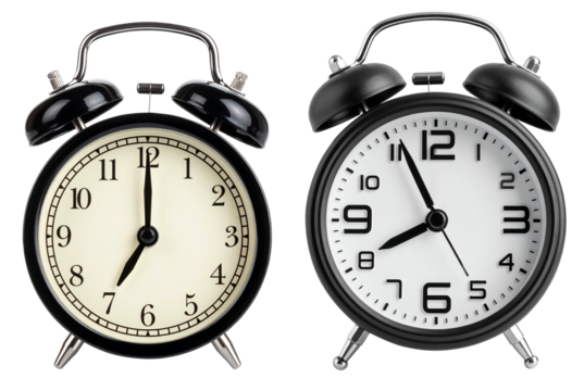 retro and modern twin bell alarm clock isolated on white