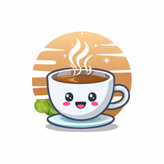 Vector logo design template and graphic elements for advertising, branding, posters and banners, funny cartoon illustrations with smiling character, coffee cup