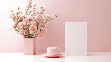 Fototapeta premium Soft pink vase with blooming flowers, blank card, and teacup on pastel background, creating calm mood